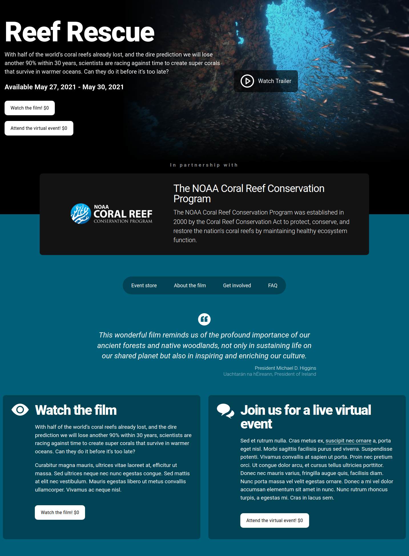 Website screenshot - underwater image of fish, blue background, white text.