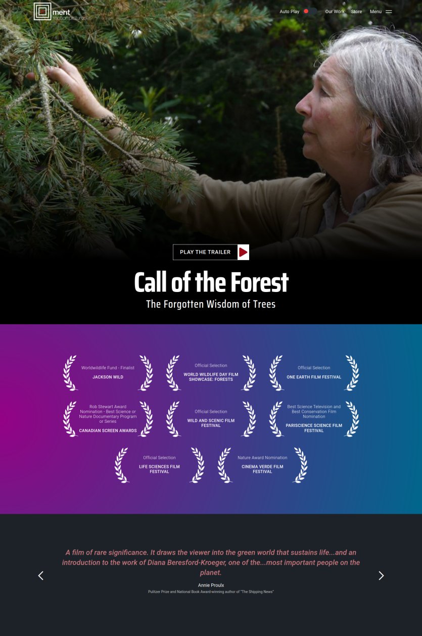 Website screenshot for film "Call of the Forest" - awards, quotes large image of woman touching tree branches.