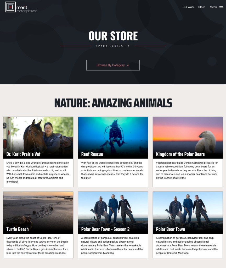 Website screenshot - list of films available under large title "Nature: Amazing Animals".