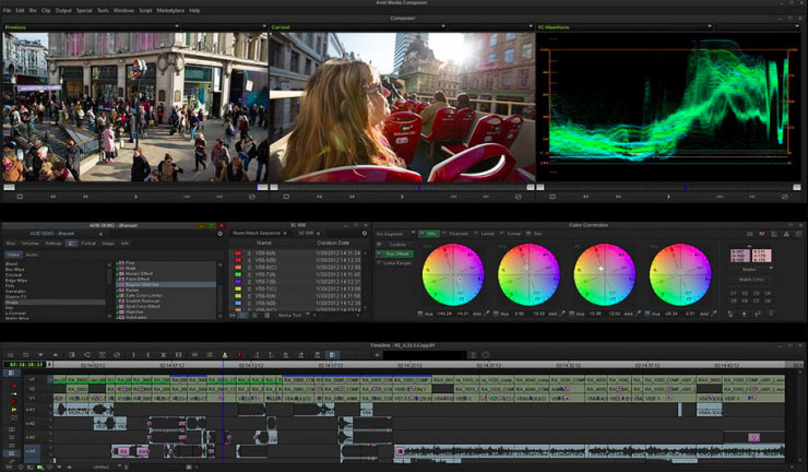 Video editor showing sequence, video images, colour wheels