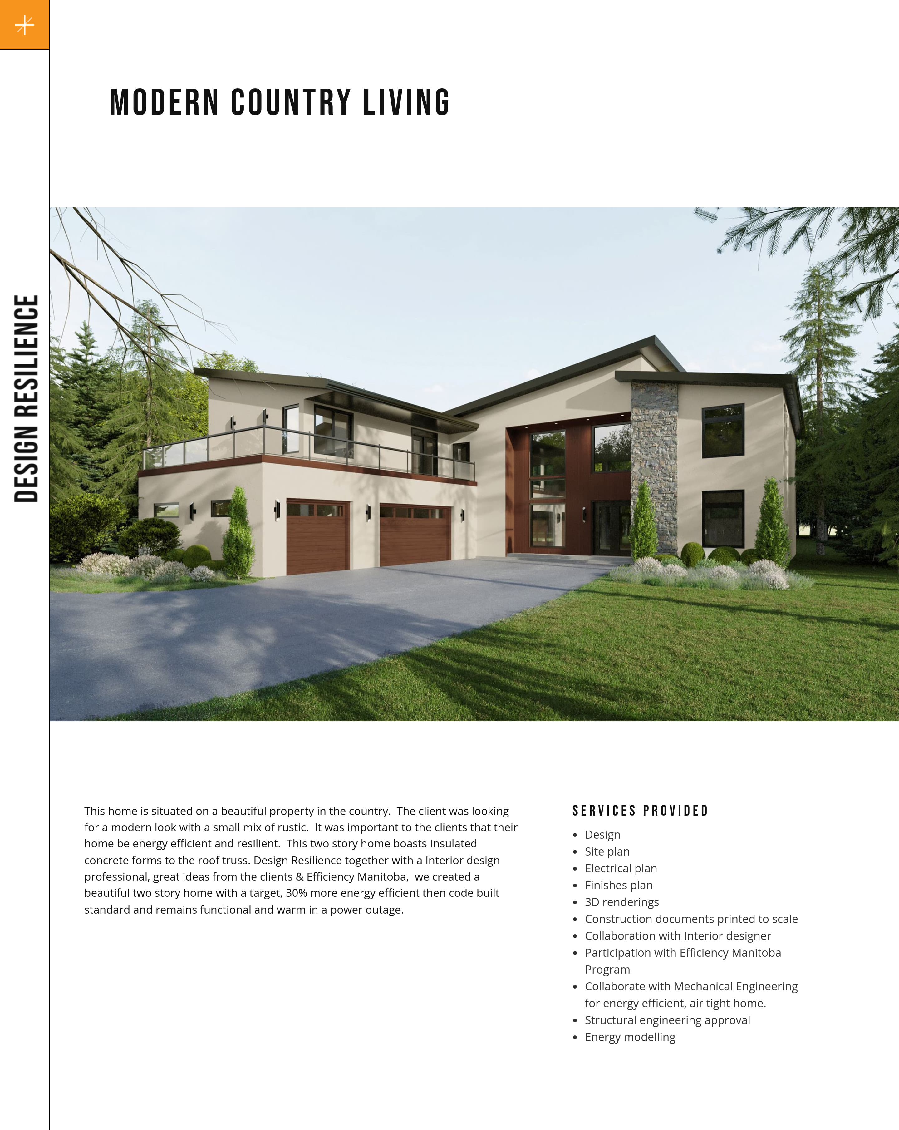 Website screenshot: a modern home surrounded by green grass and trees. List and description of services provided.
